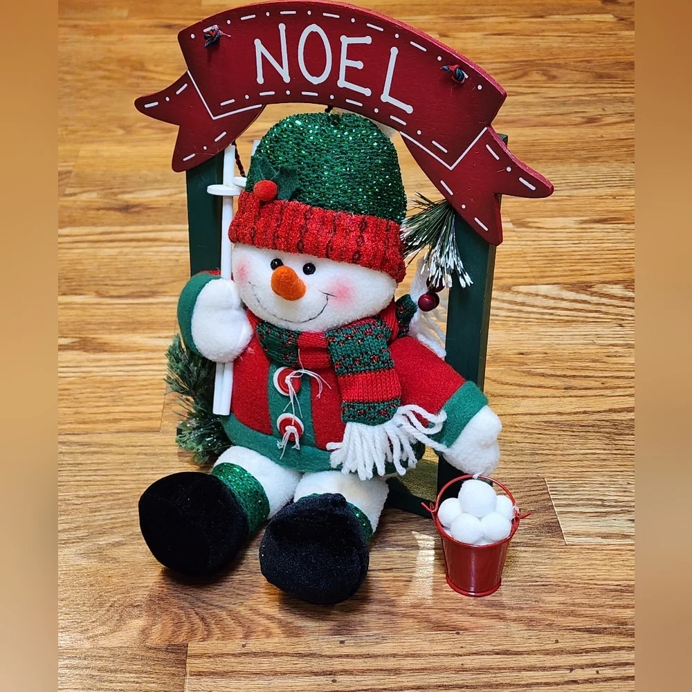 Red and Green Wood Wall Or Shelf Decor Plush Snowman With Pail Of Snowballs